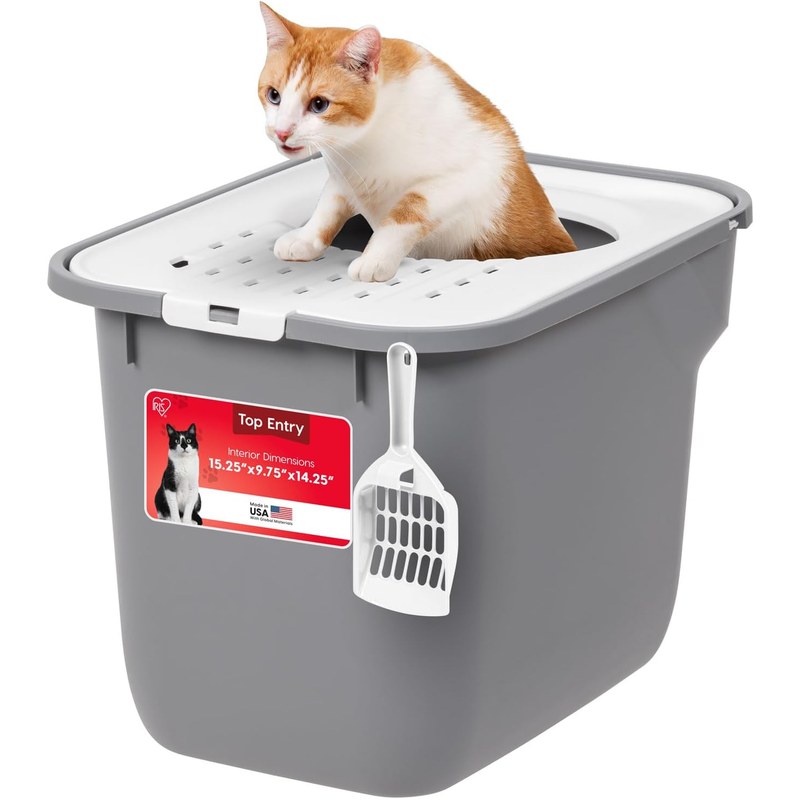 IRIS USA Cat Litter Box - Top Entry, Large, Gray/White