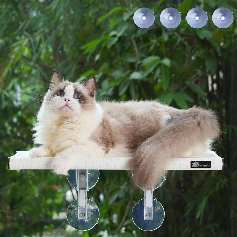 21" Large Cat Window Perch, Foldable & Cordless, Holds Up to 60lbs, Preassembled, 4 Extra Suction Cups, Sturdy Support, Textilene 
